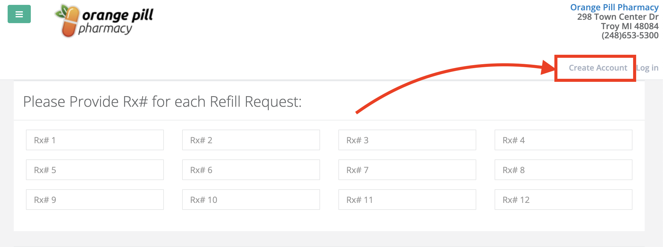 Screenshot showing the Create Account button on FillMyRefills portal